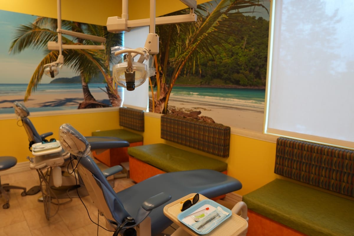 Beach-themed treatment room at Discovery Children's Dentistry